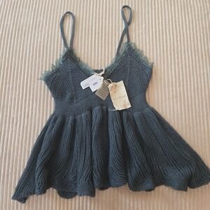 NEW Hem & Thread Knit Open Crochet BLUE Retro Boho Tank Top Size Small